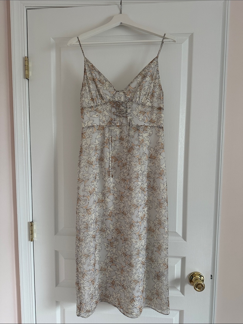 White Floral Midi Slip Dress with Orange Accents